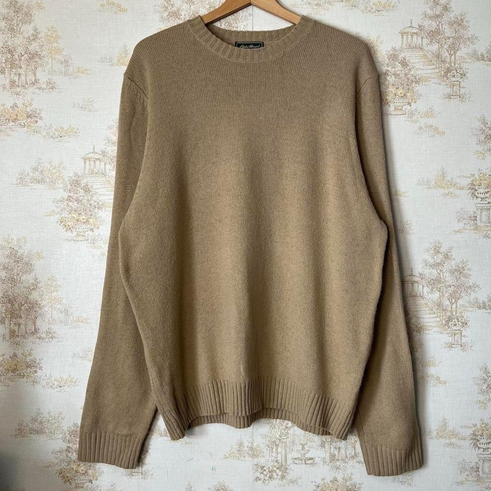Vintage Eddie Bauer tan lambswool knit crewneck wool sweater preppy size L